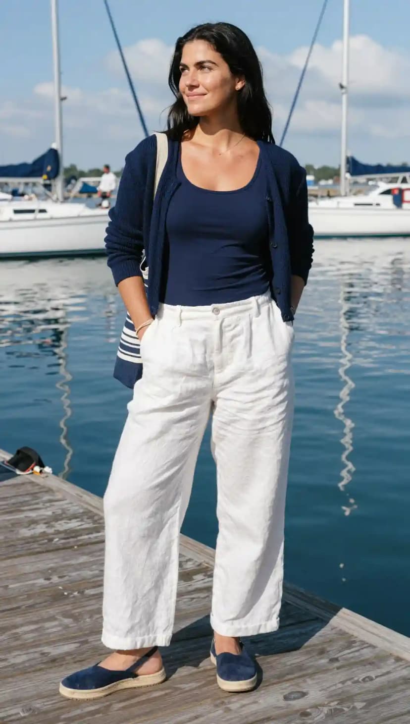 Navy Ribbed Knit Cardigan + Navy Tank Top + White Linen Wide-Leg Pants
