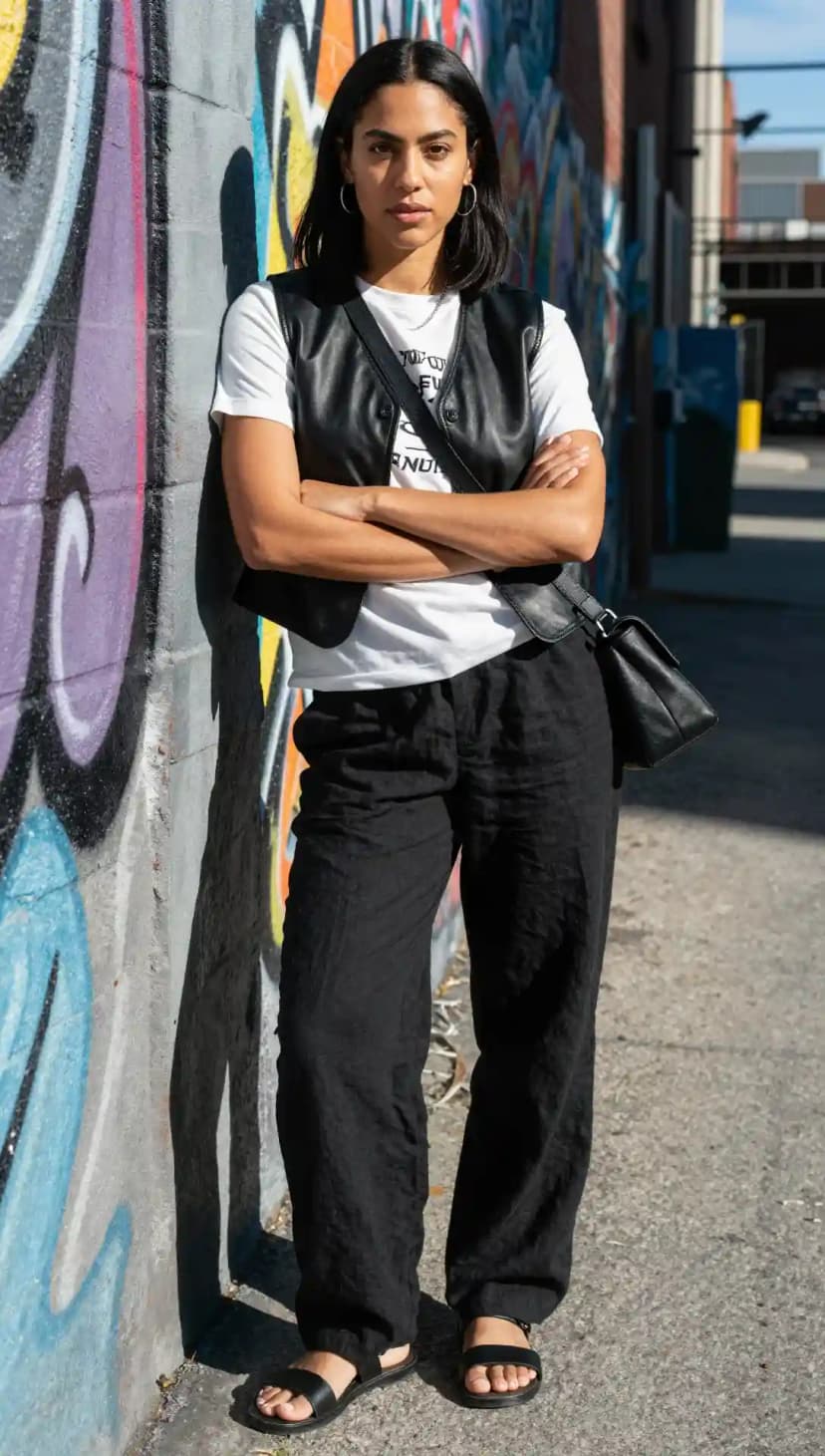 White Cotton T-Shirt + Black Linen Trousers + Black Leather Vest
