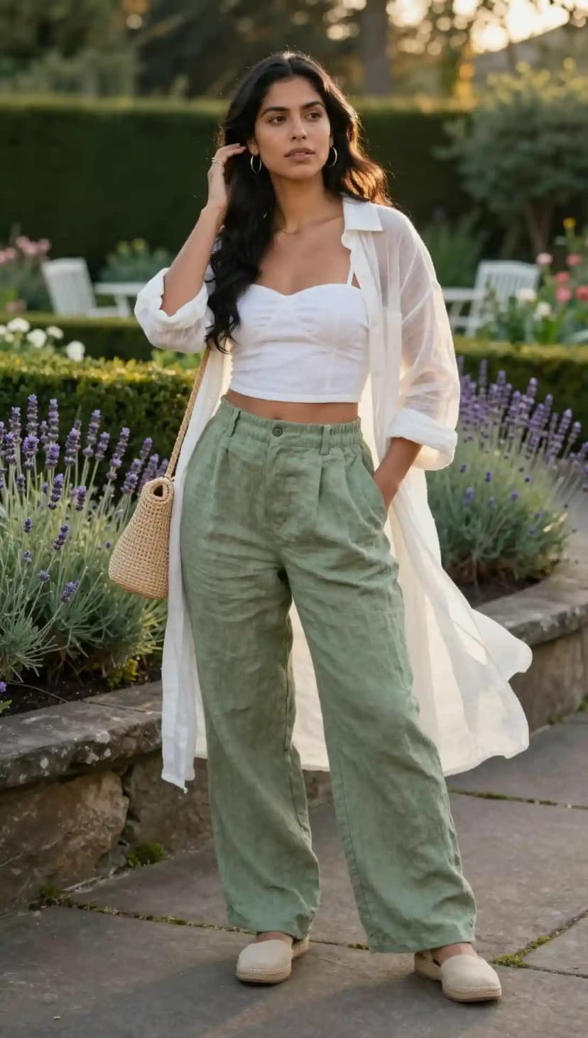 White Linen Crop Top + Green Linen Wide-Leg Pants + White Linen Shirt