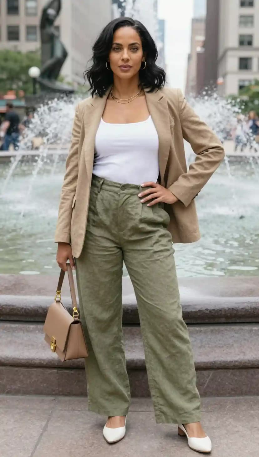 White Tank Top + Khaki Linen Blazer + Olive Linen Pants