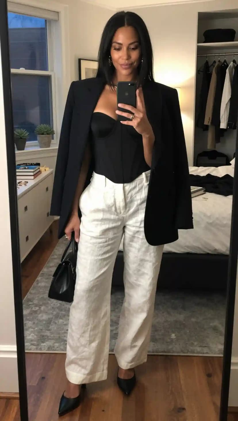 Black Satin Corset Top + White Linen Wide-Leg Pants + Navy Wool Blazer