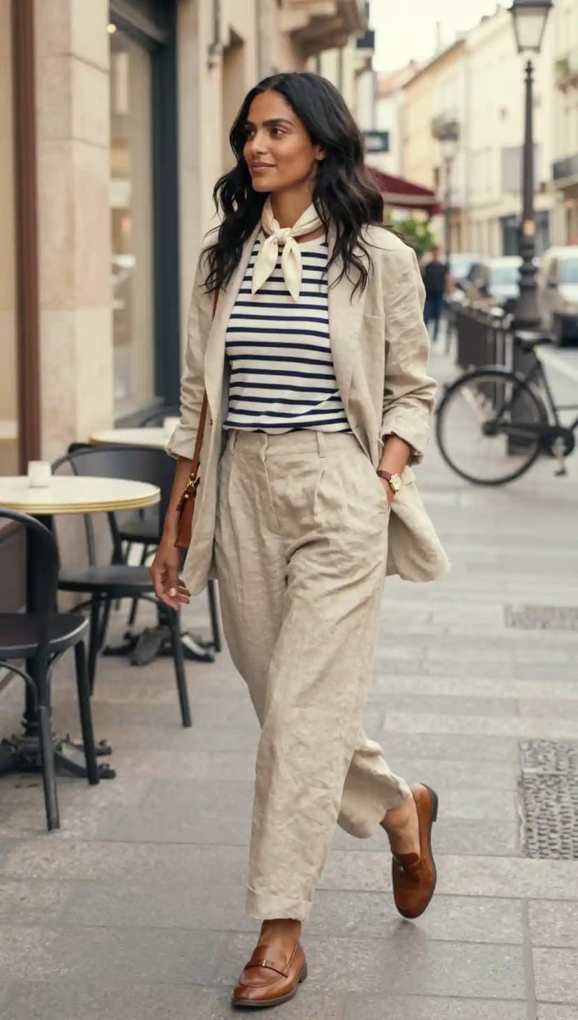 Beige Linen Blazer + Navy and White Striped Long Sleeve T-Shirt + Beige Linen Trousers