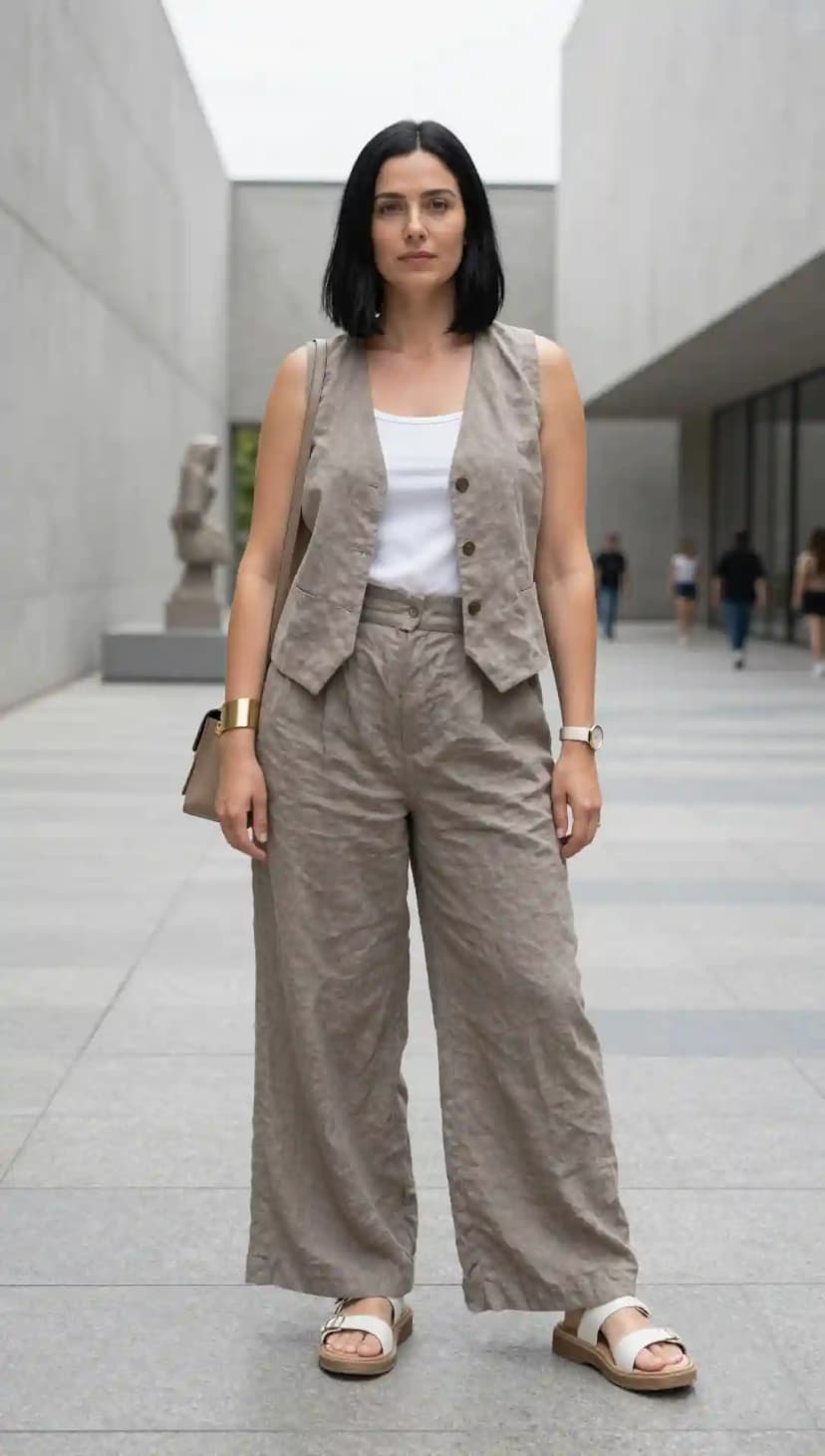 Brown Linen Vest + White Cotton Tank Top + Brown Linen Wide-Leg Pants
