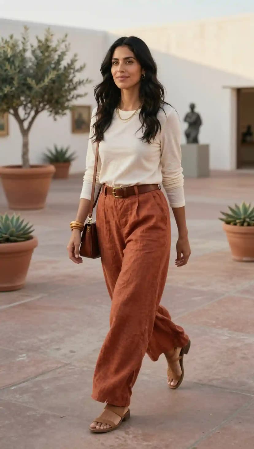 Cream Long Sleeve Top + Burnt Orange Linen Pants + Brown Leather Belt