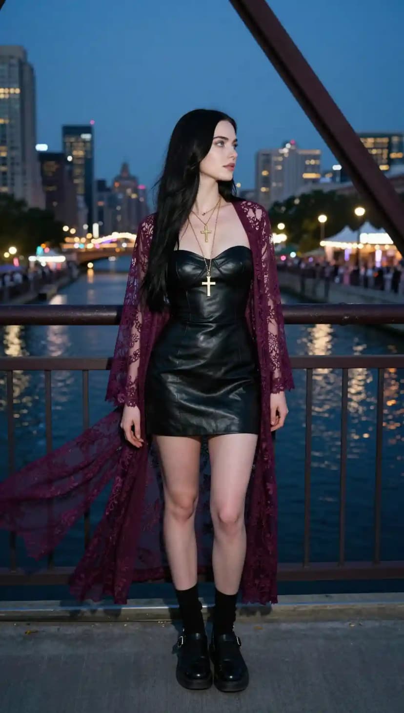 Black Faux Leather Dress + Burgundy Lace Kimono + Black Boots