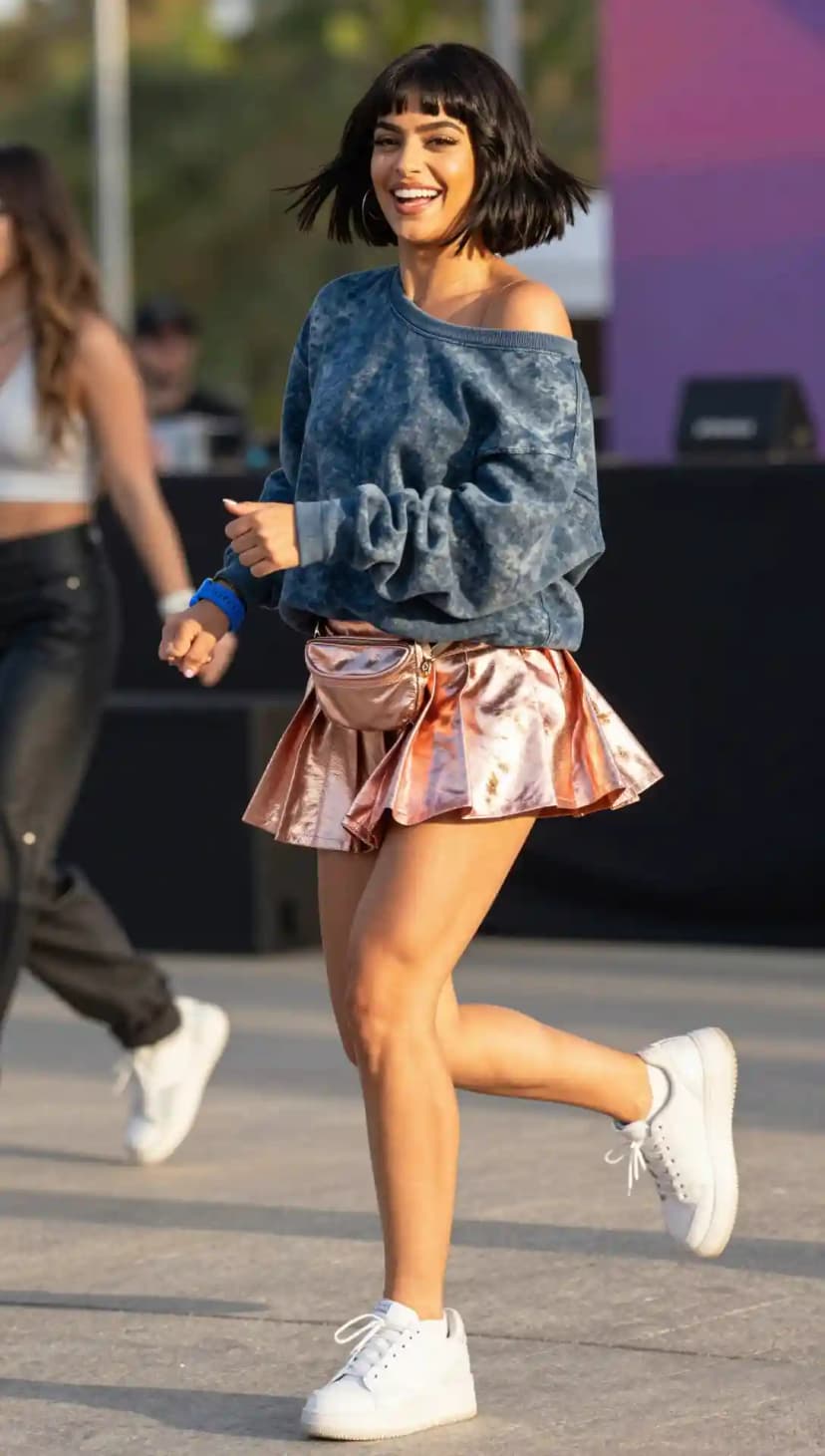 Blue Washed Sweatshirt + Rose Gold Skirt + White Sneakers