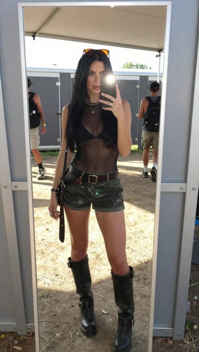 Black Sheer Bodysuit + Camo Shorts + Black Boots