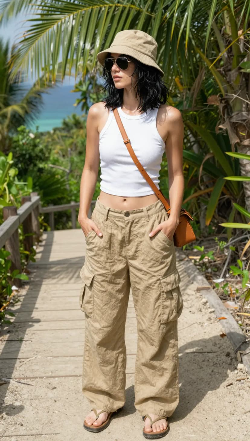 White Ribbed Tank Top + Khaki Linen Cargo Pants