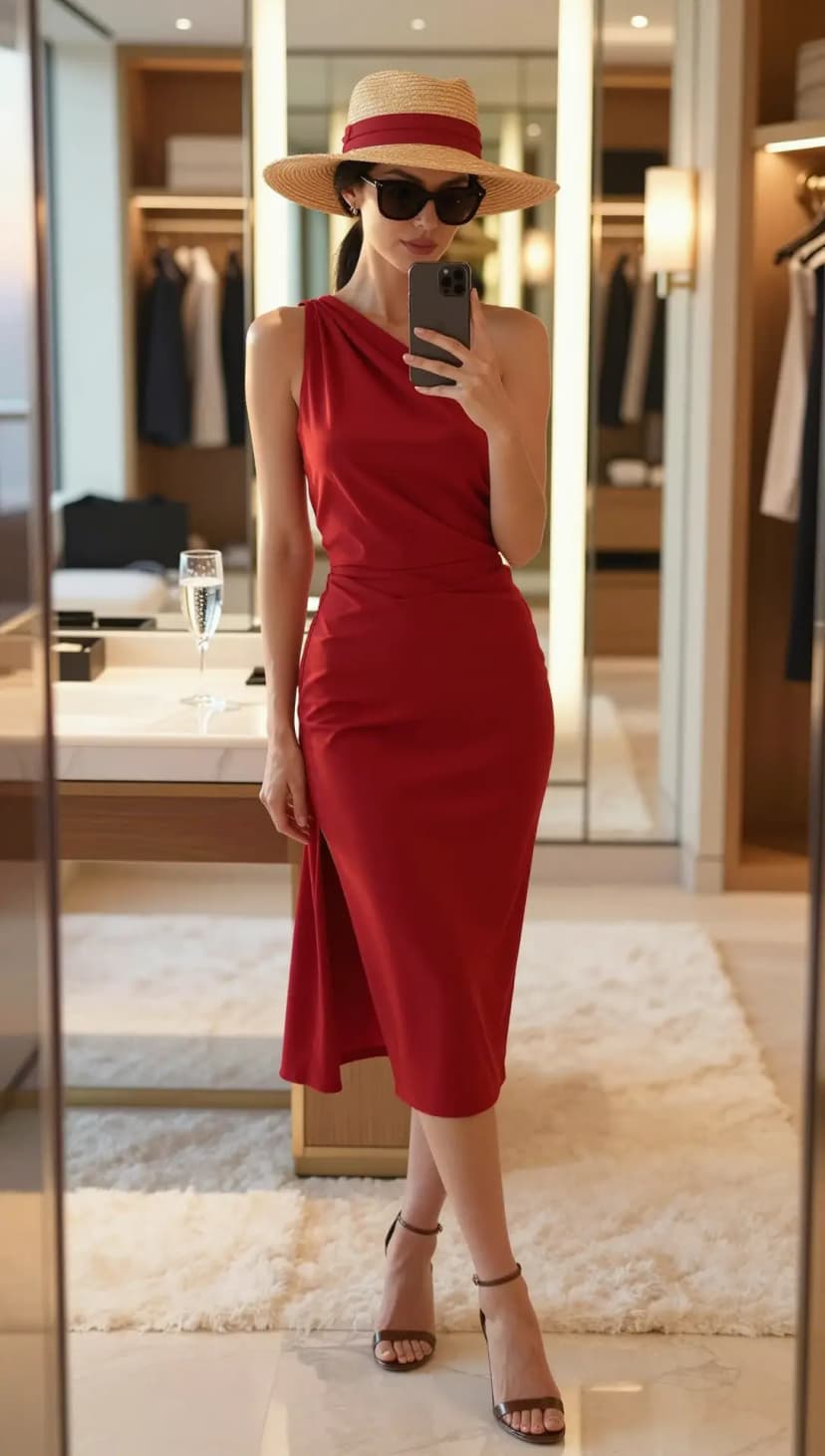 Red Asymmetrical Neck Midi Dress