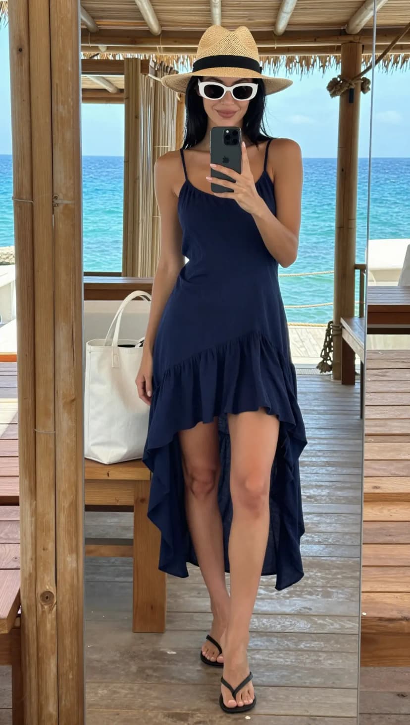 Navy Cotton High-Low Dress + Straw Fedora Hat + White Cat-Eye Sunglasses