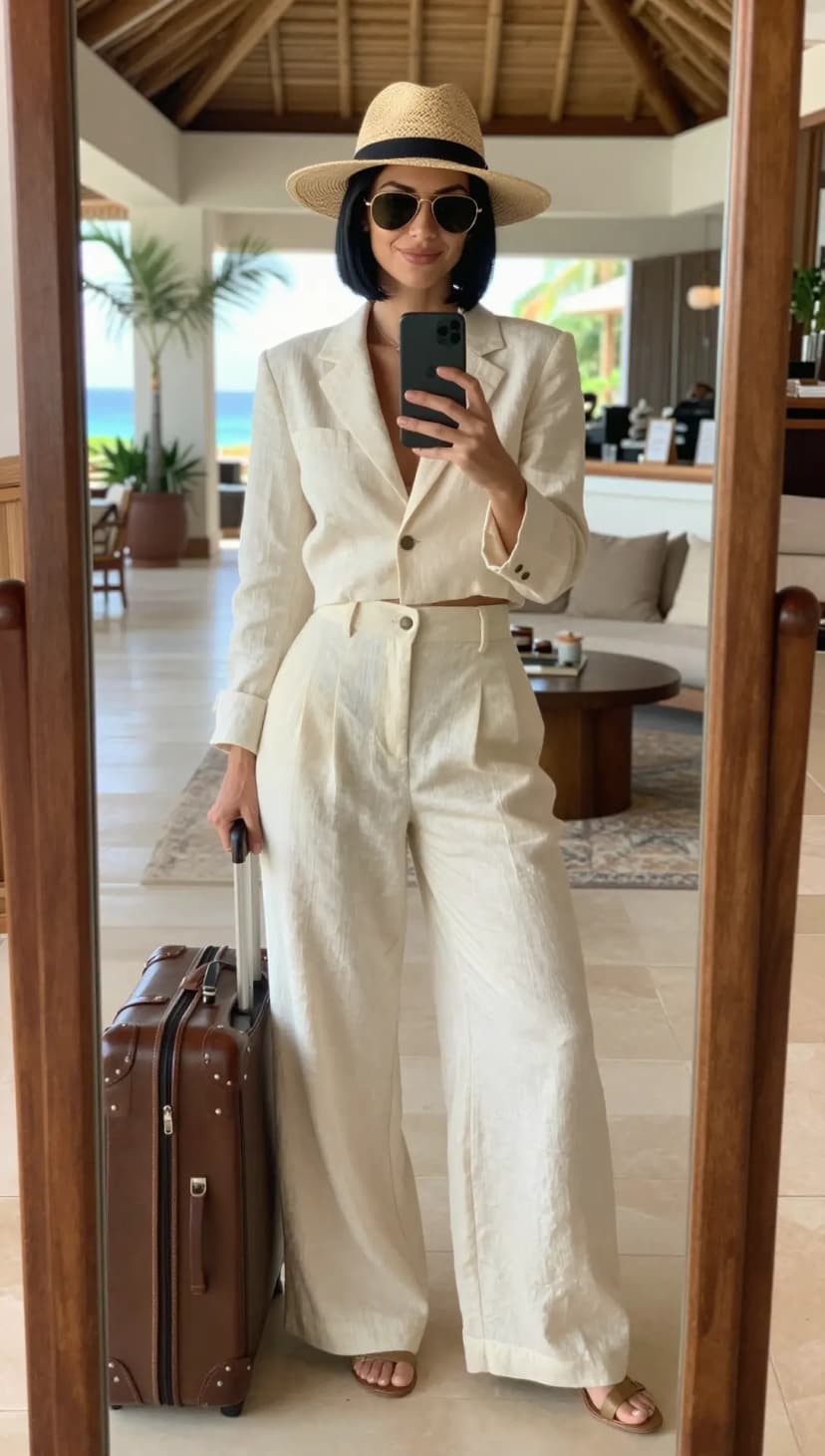 Cream Linen Cropped Blazer + Cream Linen Wide-Leg Trousers + Tan Leather Sandals