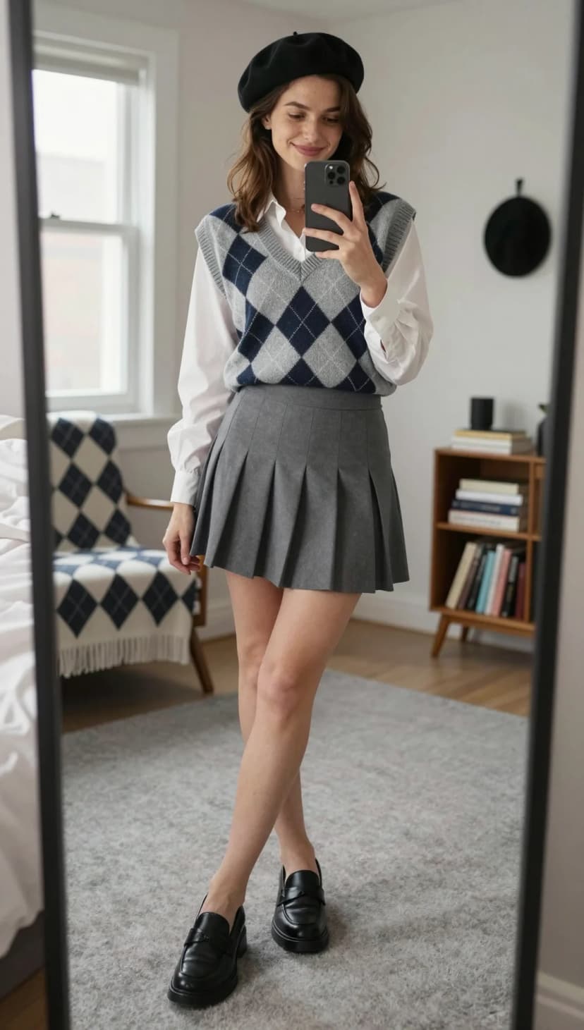White Button-Down Shirt + Grey Argyle Sweater Vest + Grey Pleated Mini Skirt + Black Loafers + Black Beret