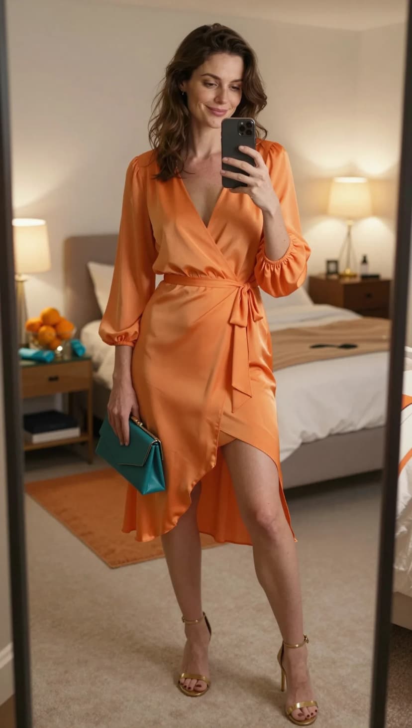 Orange Satin Wrap Dress + Teal Clutch + Gold Strappy Heels