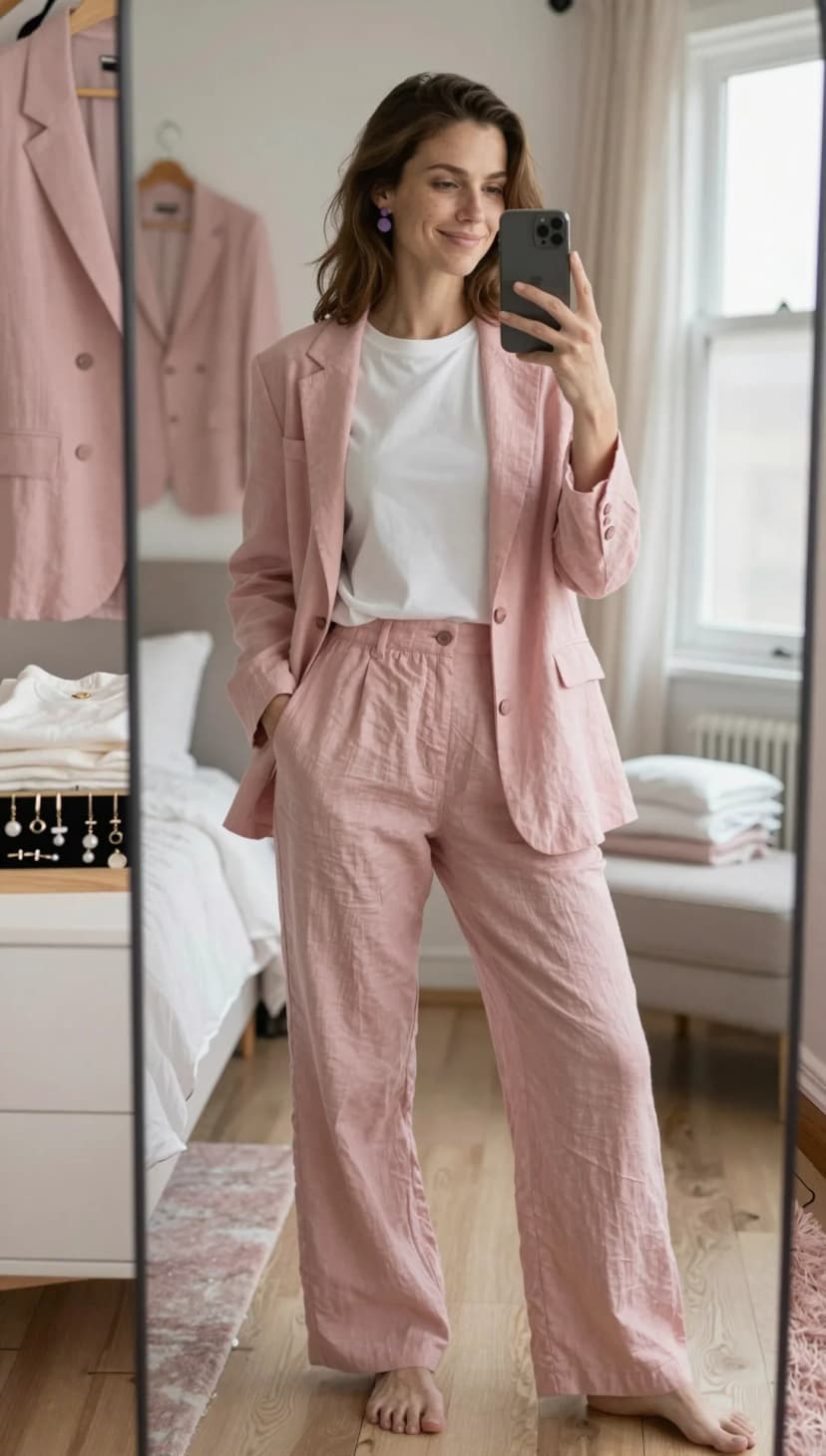 Pink Linen Blazer + Pink Linen Trousers + White T-Shirt