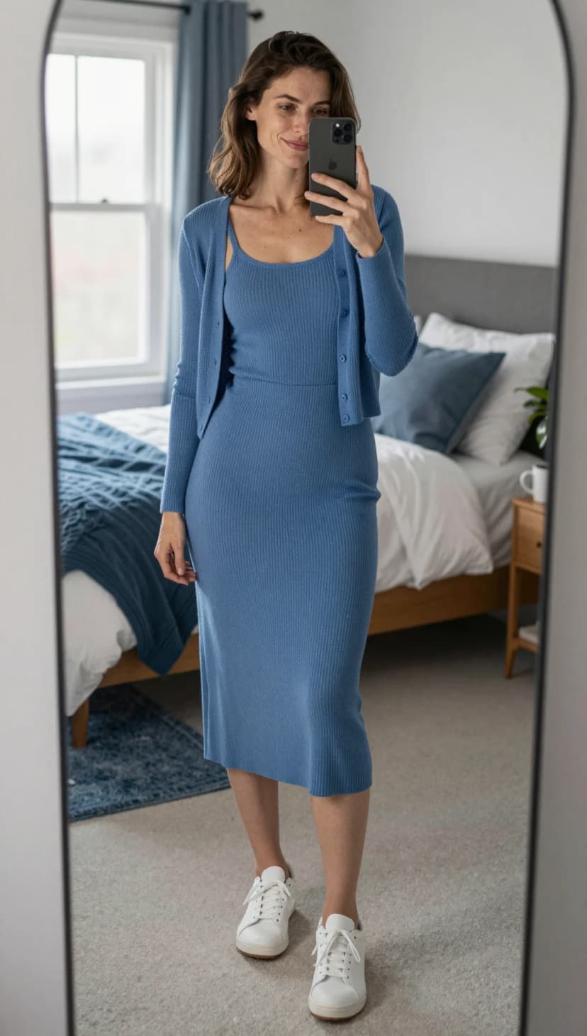 Blue Ribbed Knit Tank Dress + Blue Ribbed Knit Cardigan + White Sneakers