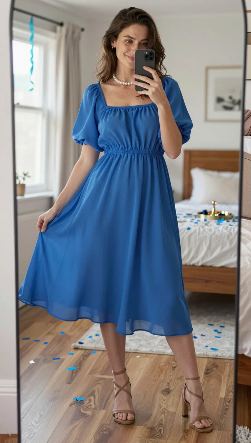 Royal Blue Chiffon Midi Dress + Pearl Necklace + Tan Strappy Heels