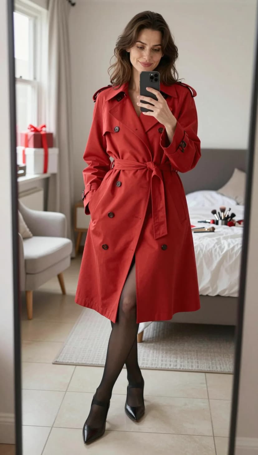 Red Cotton Trench Coat + Black Sheer Tights + Black Leather Pointed Heels