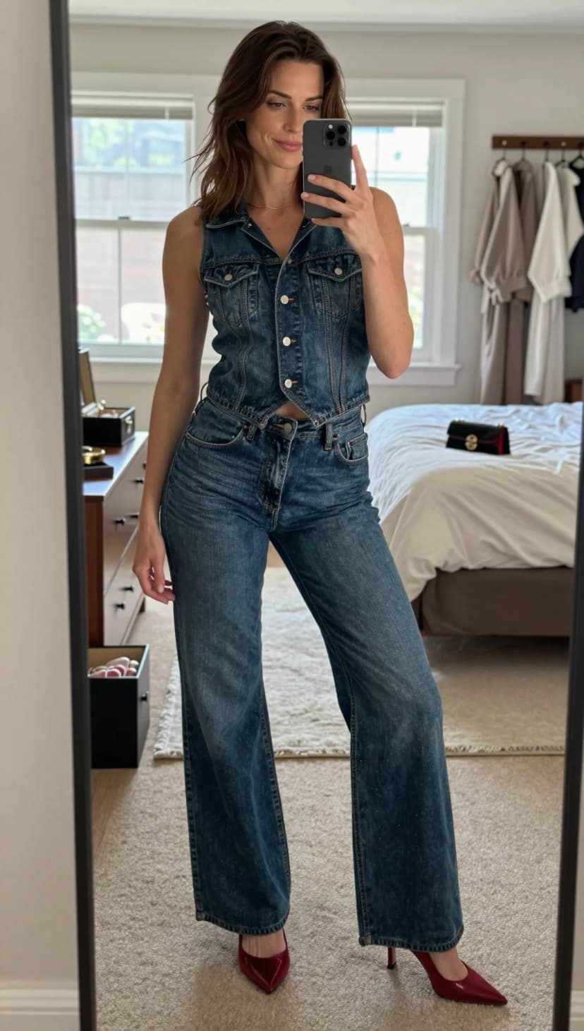 Blue Denim Vest + Blue Wide Leg Jeans + Red Pointed Toe Heels