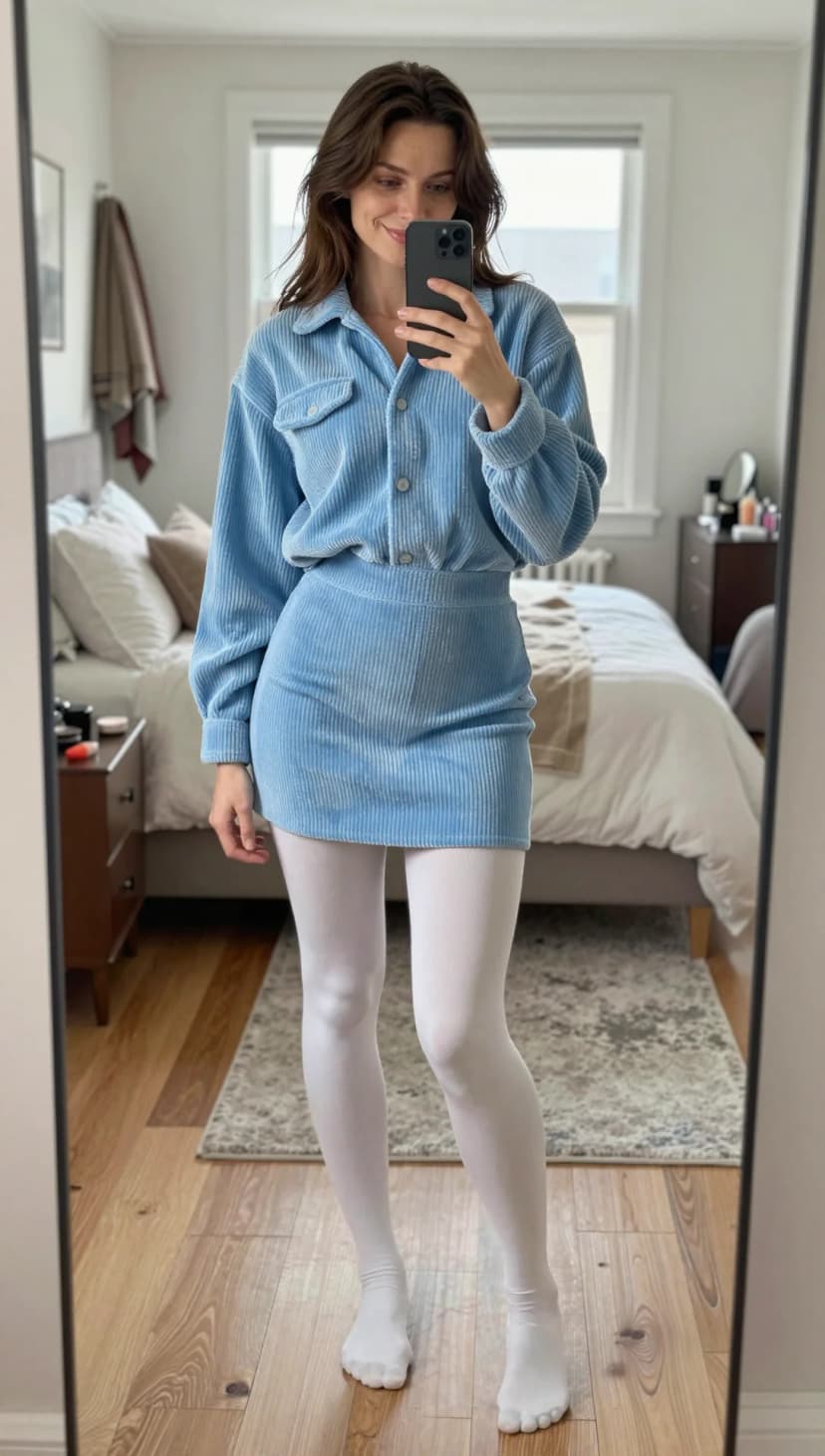 Light Blue Corduroy Shirt + Light Blue Corduroy Mini Skirt + White Tights