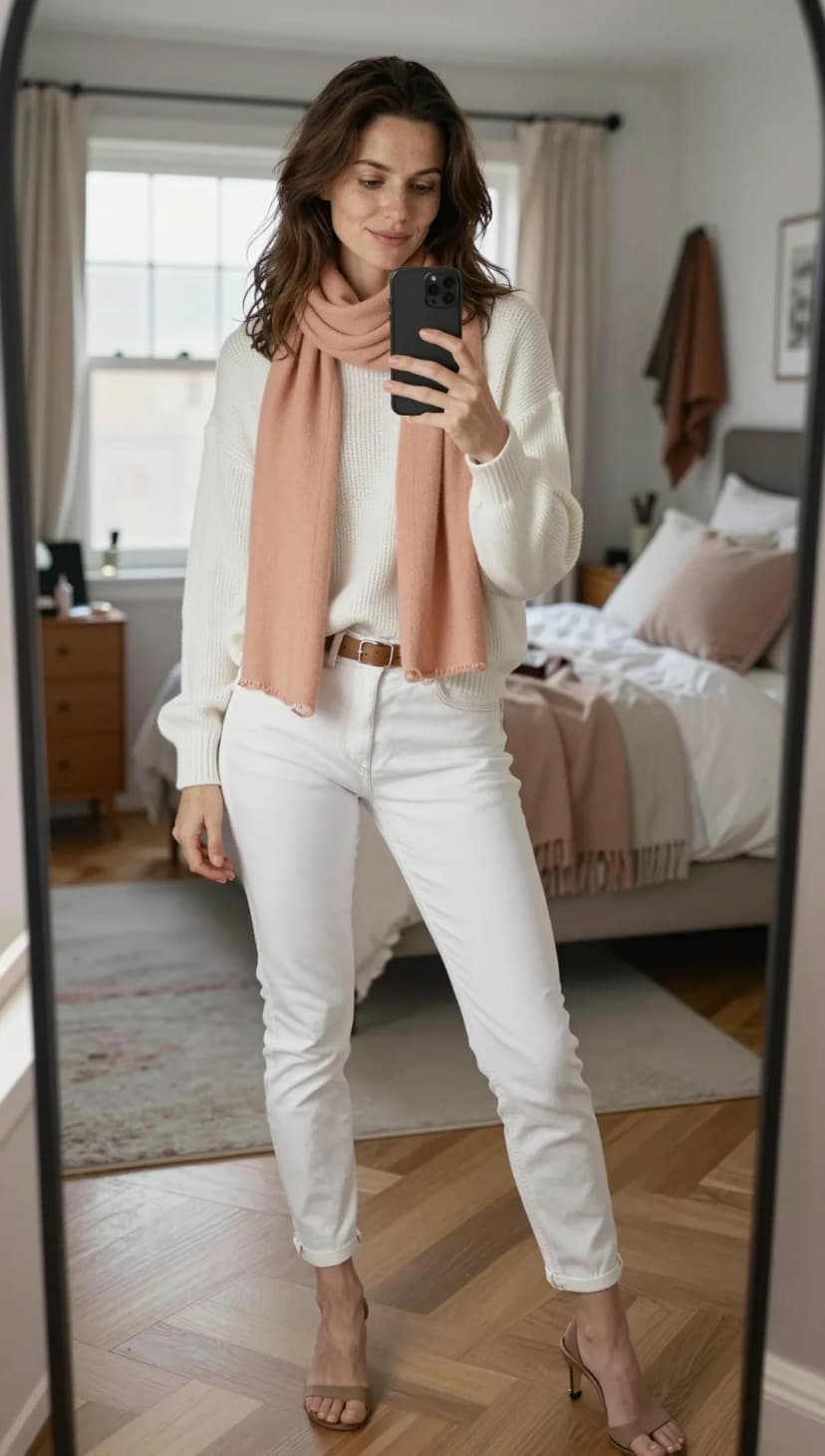 Cream Cable Knit Sweater + White Denim Jeans + Peach Scarf + Brown Belt + Taupe Heeled Sandals