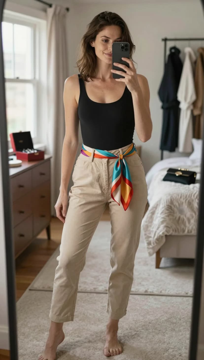 Black Tank Top + Khaki Cotton Trousers + Multi-Color Silk Scarf