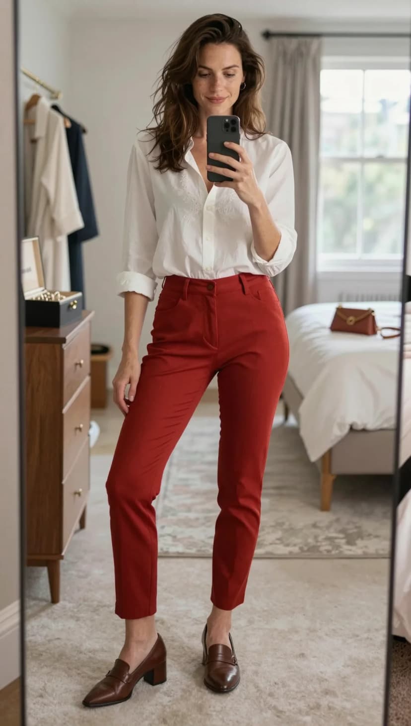 White Embroidered Cotton Button-Down + Red Twill Trousers + Brown Leather Loafers