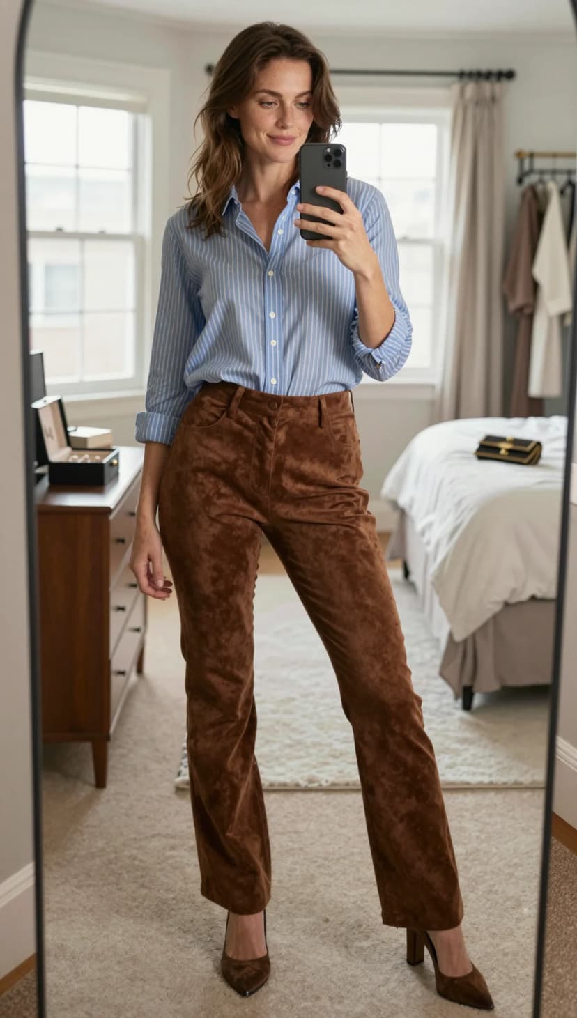 Blue and White Pinstripe Button-Down Shirt + Brown Suede Trousers + Brown Suede Pointed-Toe Heels