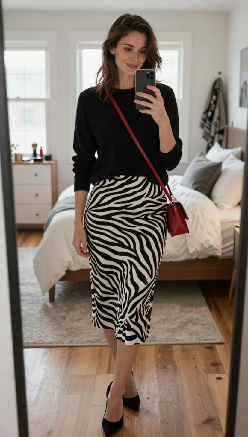 Black Crew Neck Sweater + Black and White Zebra Print Midi Skirt + Black Suede Pumps + Red Leather Crossbody Bag