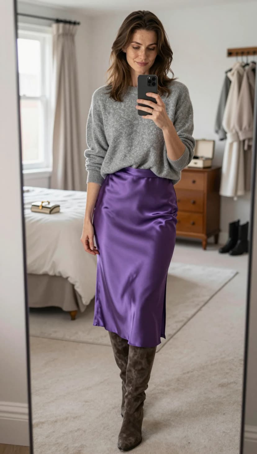 Grey Cashmere Sweater + Purple Satin Midi Skirt + Taupe Suede Boots