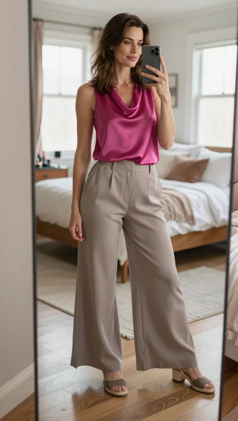 Fuchsia Satin Cowl Neck Top + Taupe Wide-Leg Trousers + Taupe Espadrille Sandals