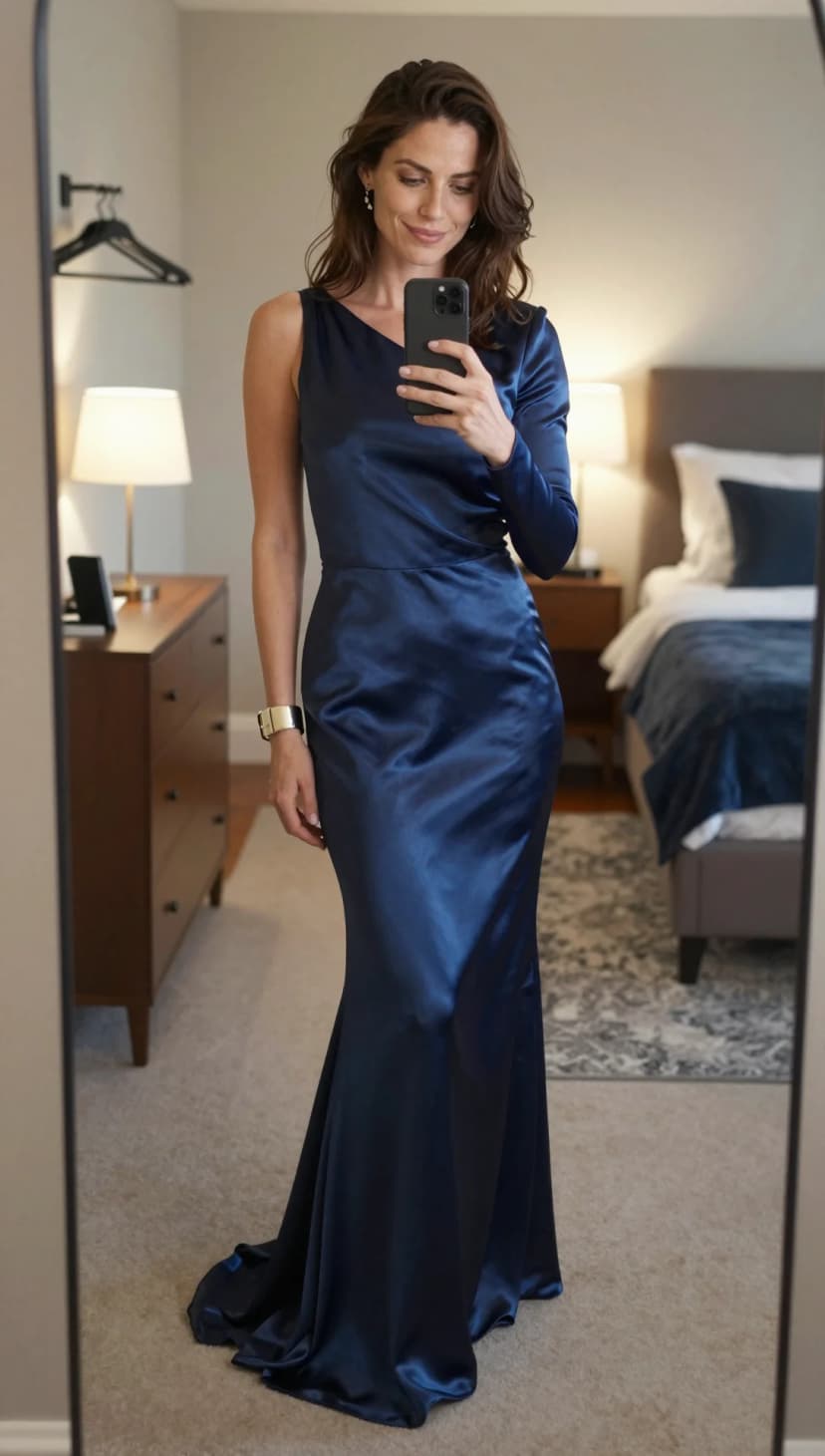 Navy Satin Asymmetrical Gown