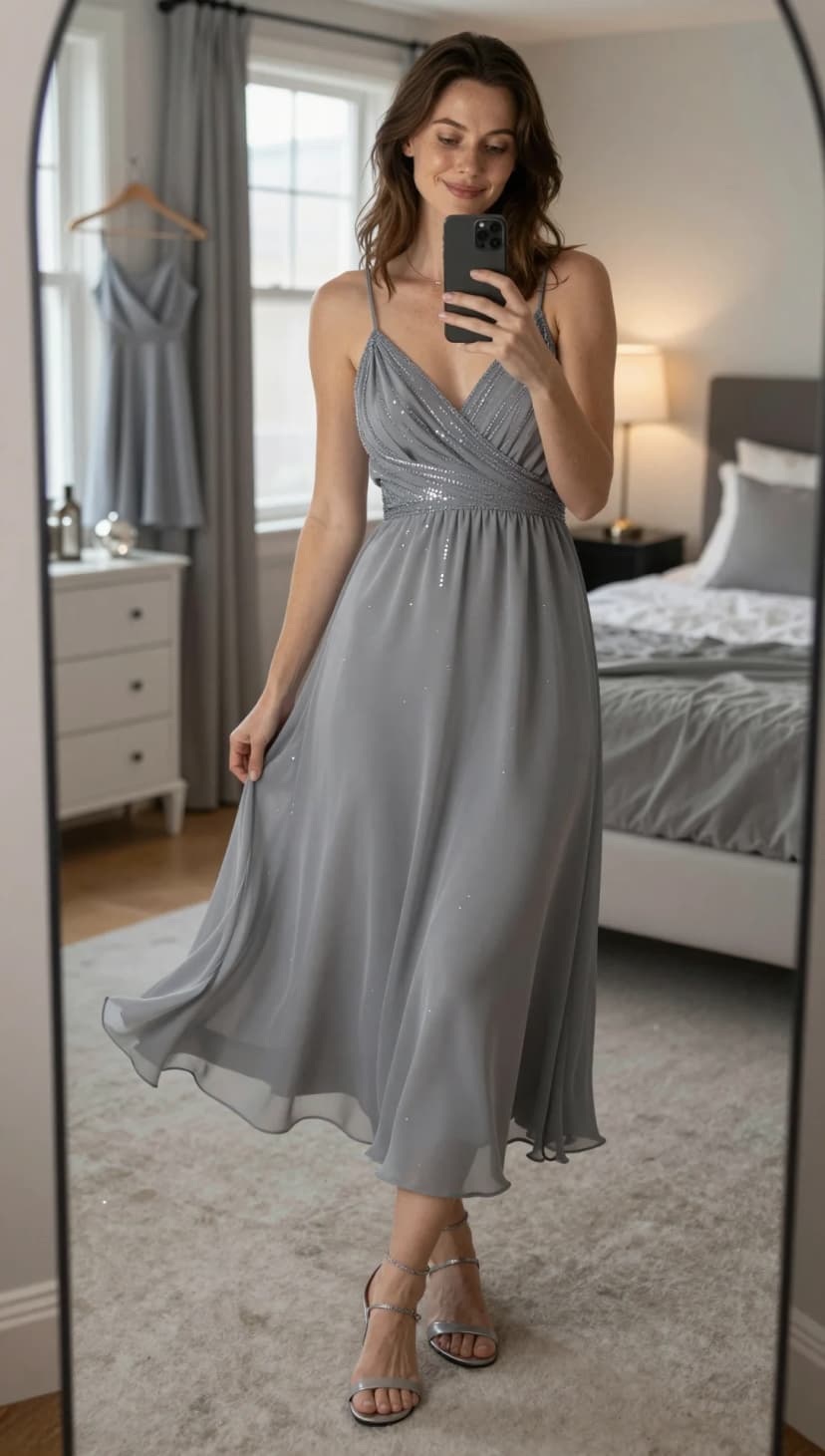 Grey Sequin Embellished Chiffon Dress + Silver Strappy Heels