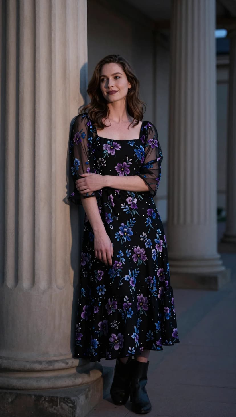 Black Floral Print Chiffon Dress + Black Leather Ankle Boots