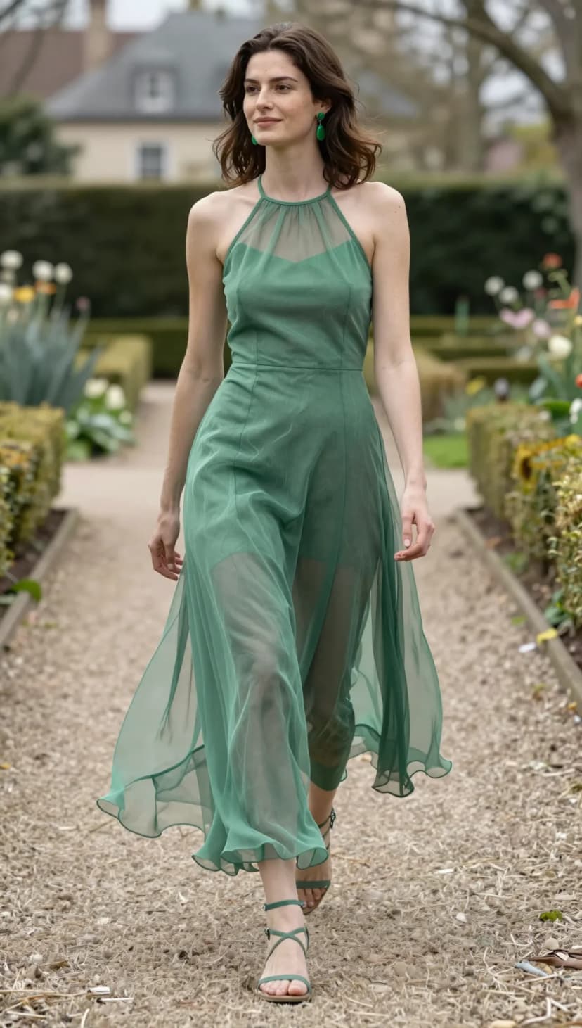 Green Chiffon Halter Neck Maxi Dress + Green Strappy Heeled Sandals + Green Gemstone Drop Earrings