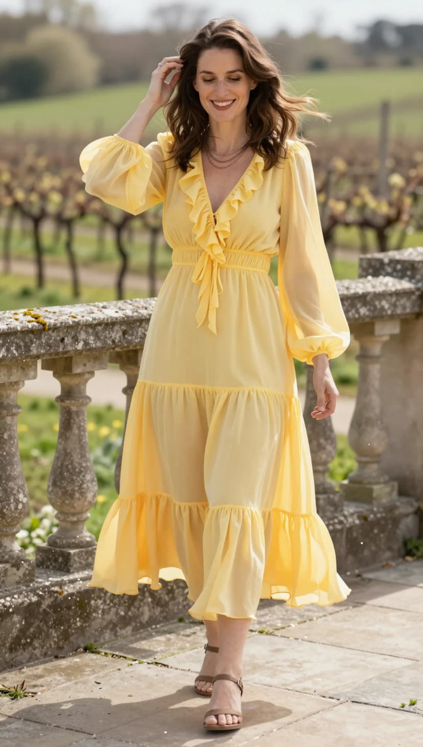 Yellow Chiffon Ruffle Midi Dress + Tan Block Heel Sandals