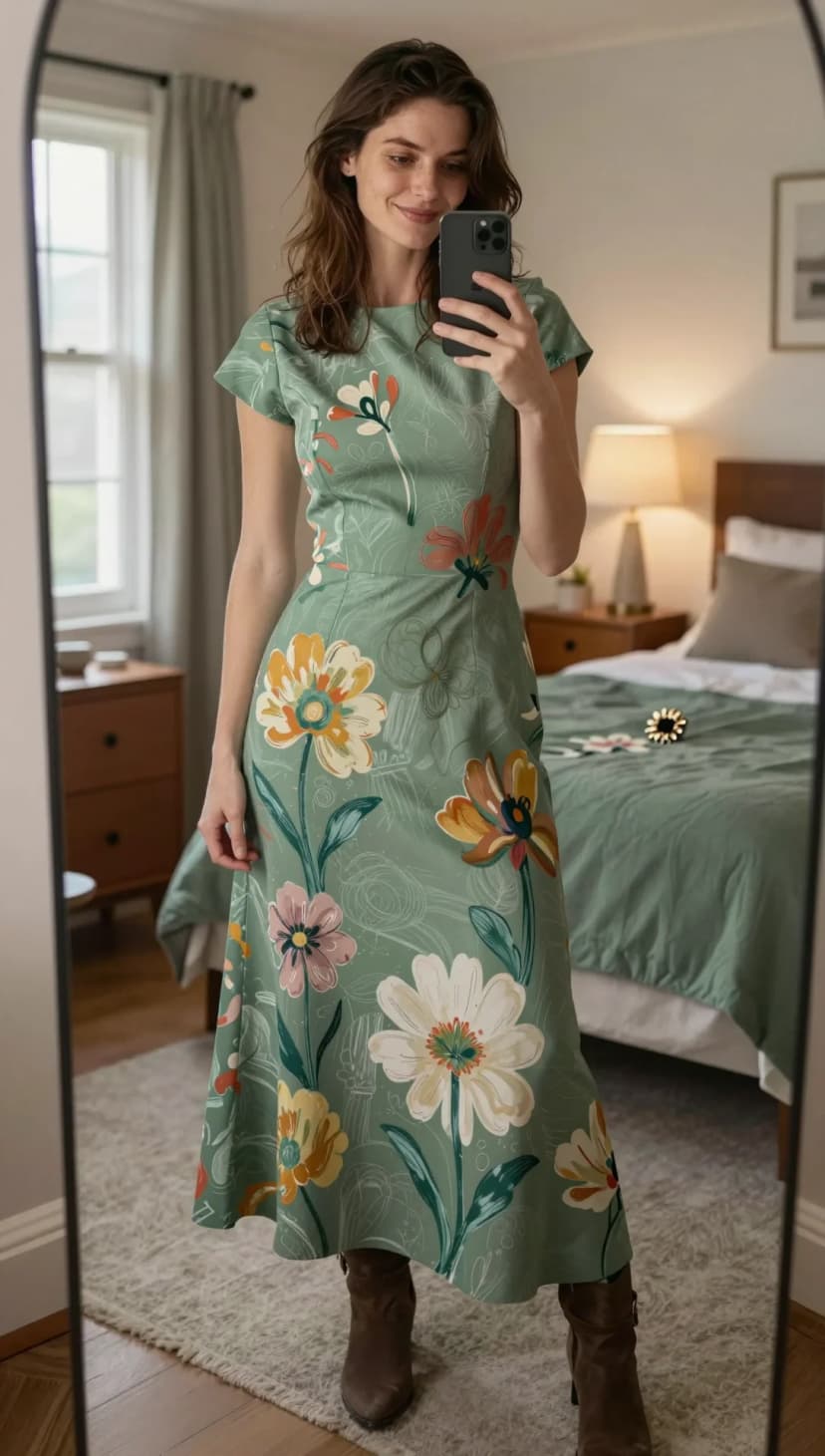 Sage Floral Print Midi Dress + Brown Suede Ankle Boots