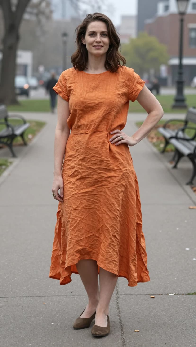 Orange Linen Midi Dress + Brown Suede Block Heels