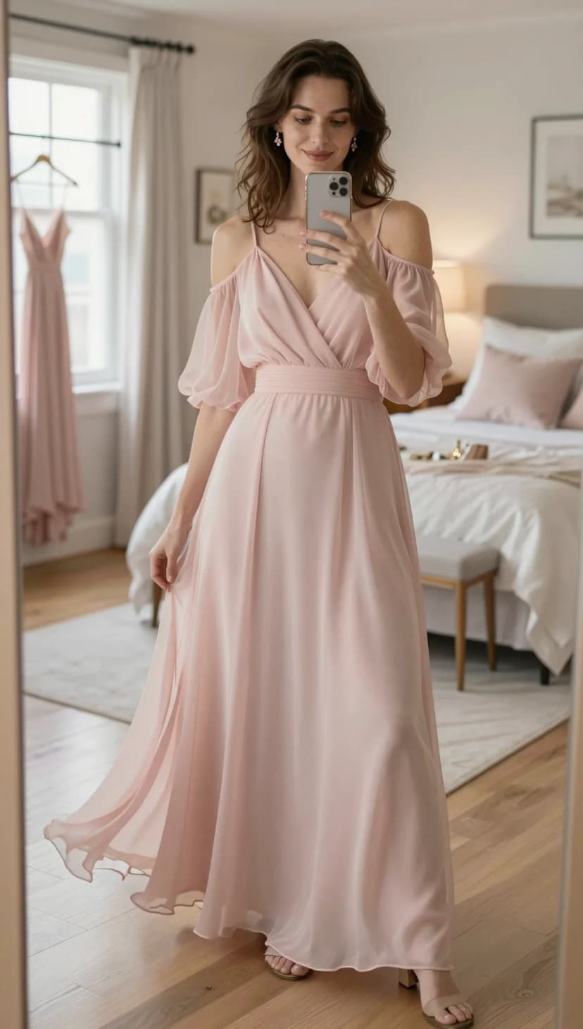 Blush Chiffon Cold Shoulder Maxi Dress