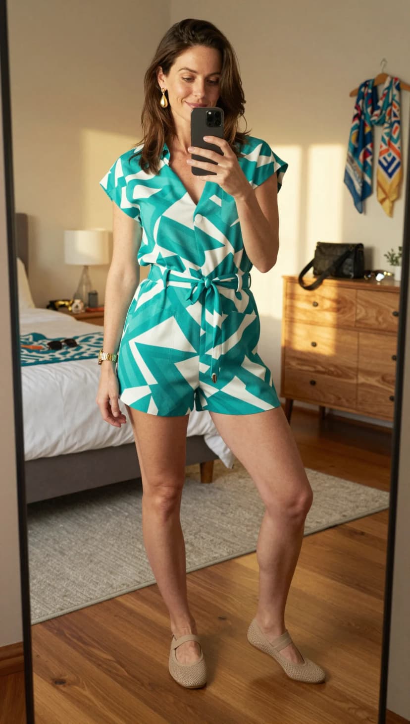 Teal Geometric Print Linen Blend Short Jumpsuit + Beige Knit Ballet Flats