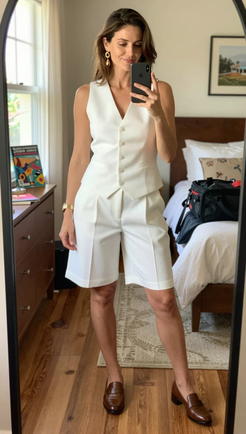 White Linen Vest + White Linen Bermuda Shorts + Brown Leather Loafers