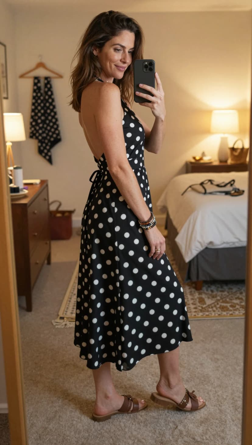 Black and White Polka Dot Halter Maxi Dress + Brown Leather Slide Sandals