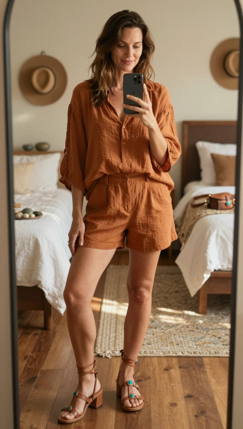 Rust Linen Button-Up Shirt + Rust Linen Pleated Shorts + Brown Leather Strappy Sandals