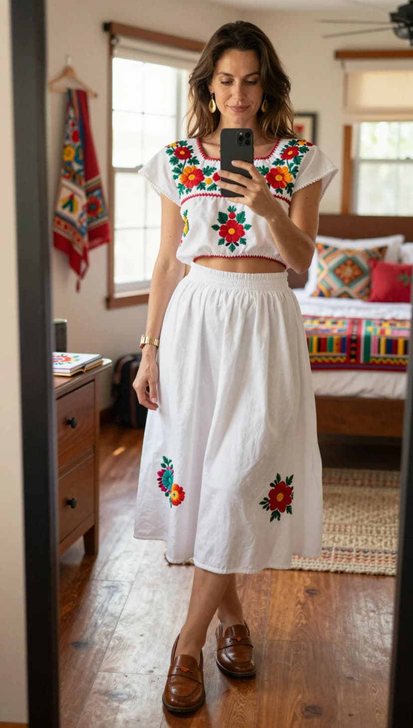 White Embroidered Cotton Blouse + White Cotton Midi Skirt + Brown Leather Loafers
