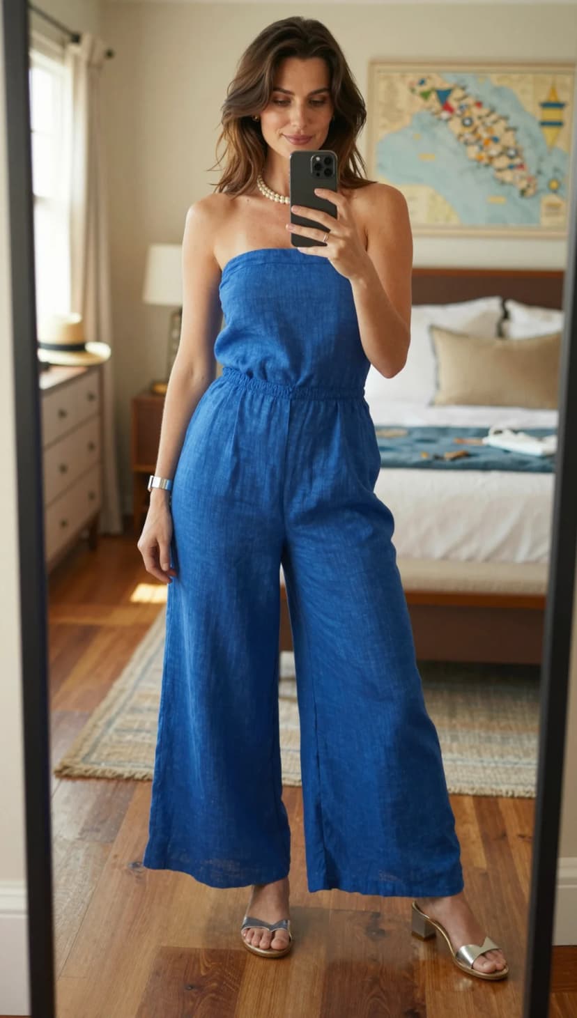Royal Blue Linen Strapless Jumpsuit + Metallic Gold Block Heel Mules