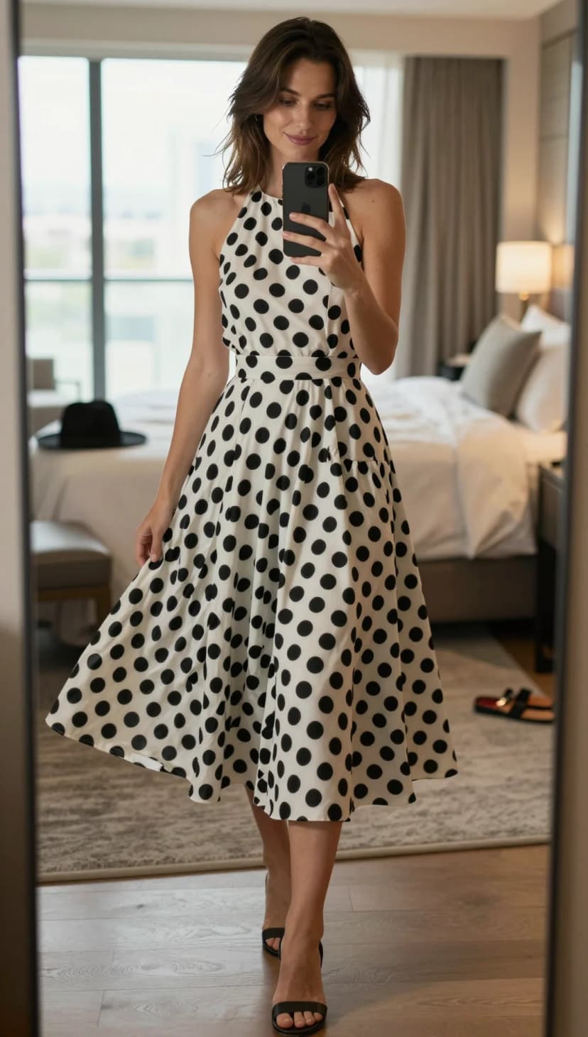 White and Black Polka Dot Cotton Halter Dress + Black Strappy Heels