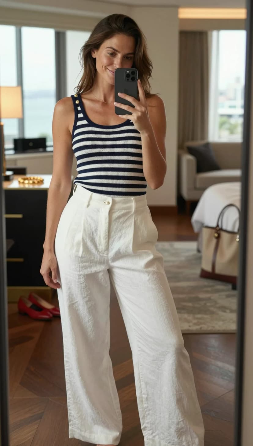 Navy and White Stripe Knit Tank + White Linen Wide-Leg Trousers