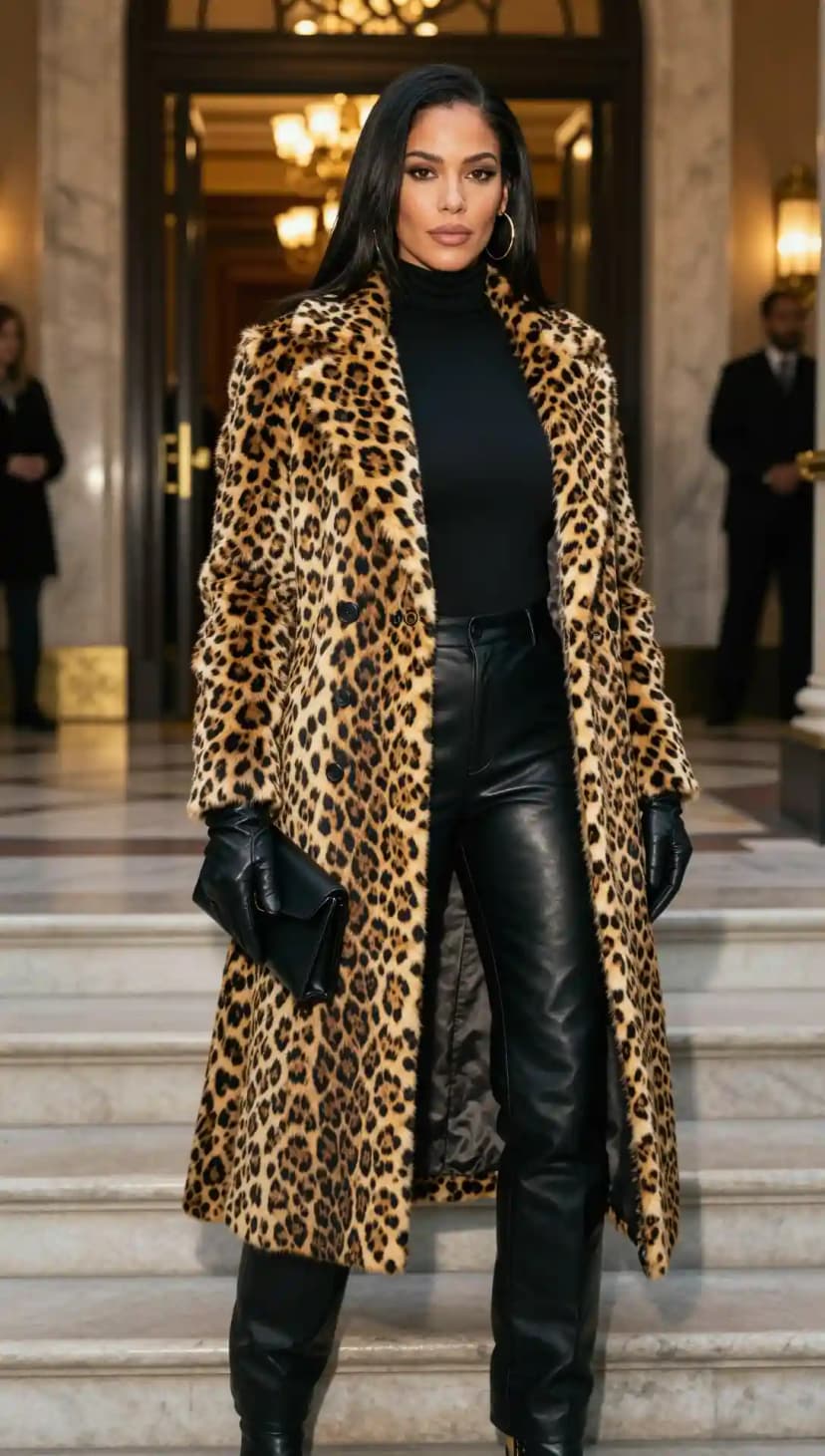 Leopard Print Faux Fur Coat + Black Turtleneck + Black Leather Pants + Black Boots