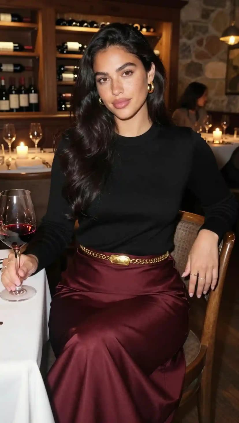 Black Crewneck Sweater + Burgundy Satin Skirt + Gold Chain Belt