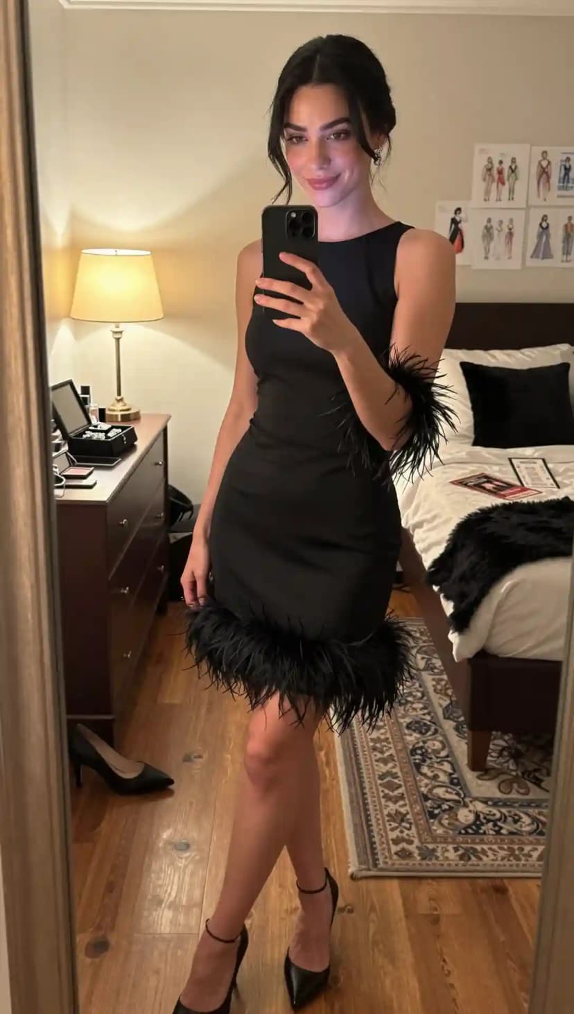 Black Feather-Trimmed Mini Dress + Black Ankle Strap Heels