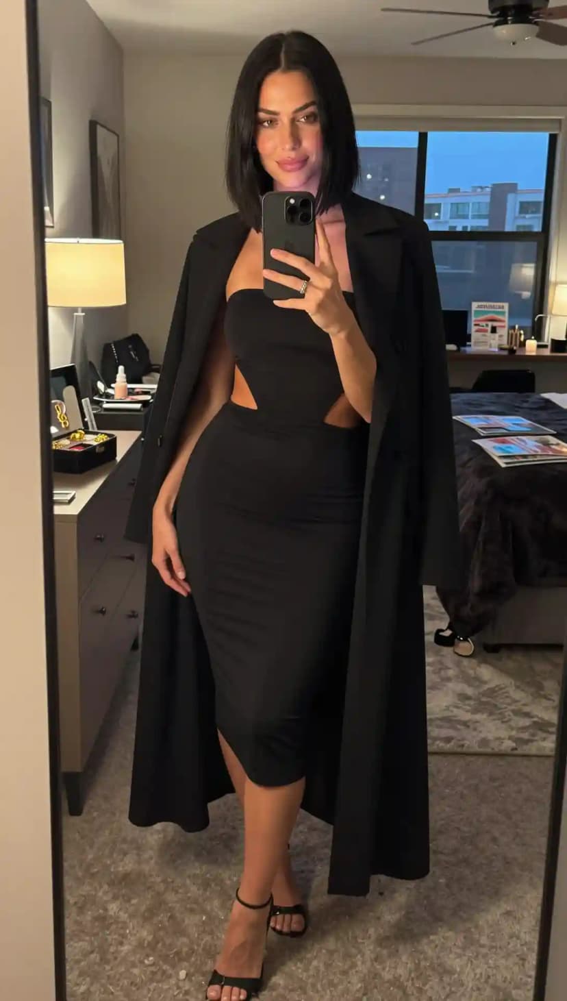 Black Cut-Out Midi Dress + Black Longline Blazer